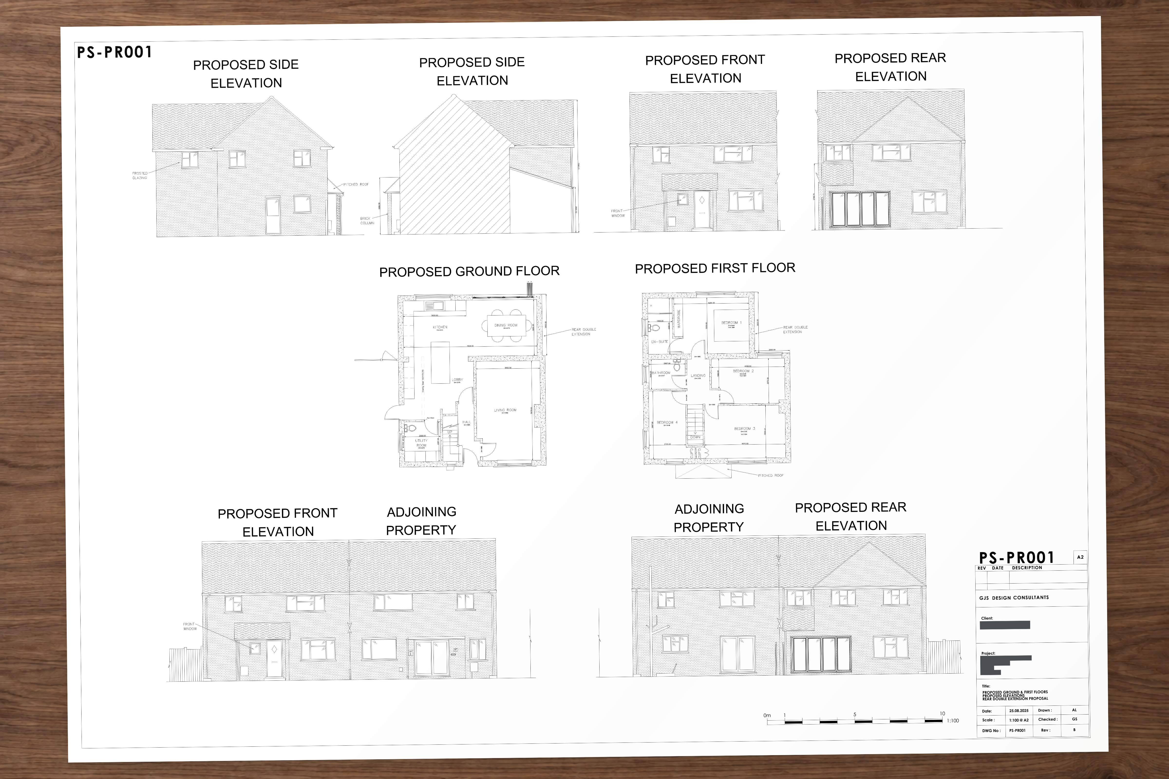 Architectural AutoCAD elevations with proposed ground and first floor layouts