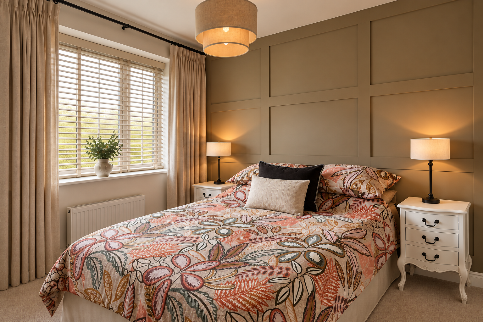 Bedroom interior with botanical bedding, bedside lamps, curtains and window blinds