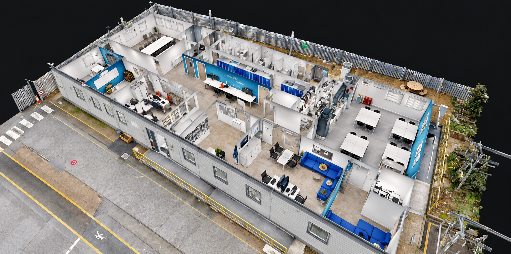 Matterport 3D dollhouse view of the building and its internal layout