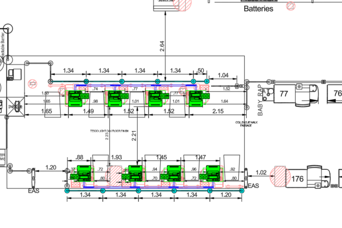 Original checkout Space Planning CAD layout with dimensions and annotations
